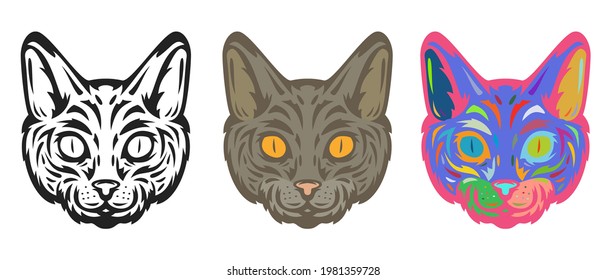Collection cat head in hand drawn sketch style isolated on white background. Modern graphic design element for label or poster. Vector art illustration.