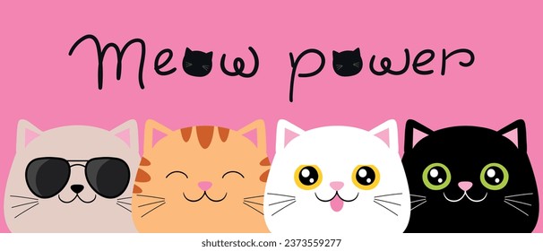 Collection of cat heads with handwriting Meow power. Cats with different color patterns. Vector illustration