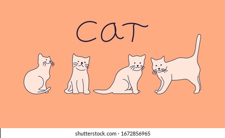 collection of cat illustrations with hand drawing style or line art. cute cat icon.