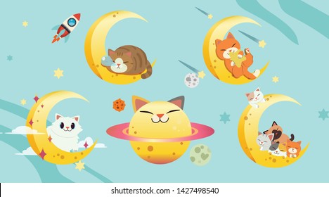 The Collection of cat with the moon set in flat vector style. Graphic resource about cat and moon theme. 