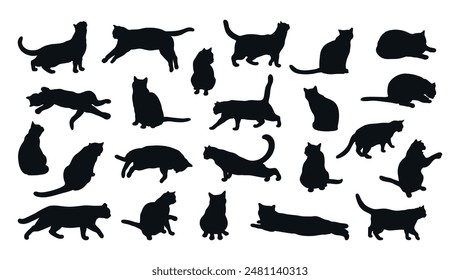 Colección de siluetas de gato aisladas sobre fondo blanco. Diferentes poses de gato. El gato está acostado, sentado, jugando, caminando, de pie, estirándose.  Ilustración vectorial