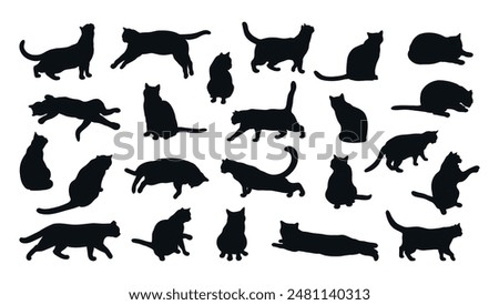 Collection of cat silhouettes isolated on white background. Different cat poses. Cat is lying, sitting, playing, walking, standing, stretching.  Vector illustration