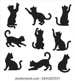 Collection of cat silhouettes in various poses isolated on background