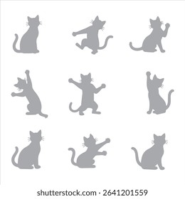 Collection of cat silhouettes in various poses isolated on background