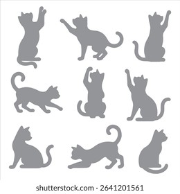Collection of cat silhouettes in various poses isolated on background
