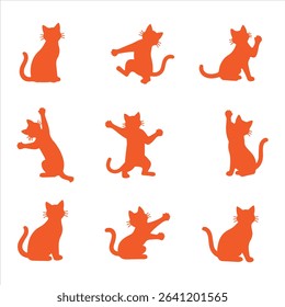 Collection of cat silhouettes in various poses isolated on background