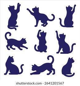Collection of cat silhouettes in various poses isolated on background