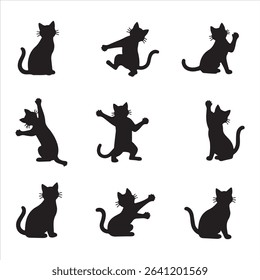 Collection of cat silhouettes in various poses isolated on background