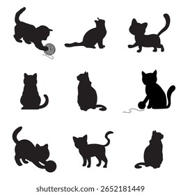 A collection of cat silhouettes in various poses, ideal for pet-themed.
