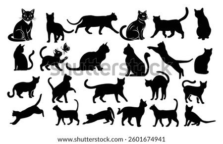 Collection of cat silhouettes in various poses isolated on background vector 