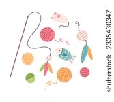 Collection of Cat toys. Pet supplies. Zoo shop goods. Vector illustration in flat style