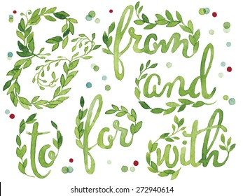 Collection of catchwords hand-painted with green watercolor and floral ampersand on colorful dots background. Great for wedding design and invitations. Vectorized watercolor painting.