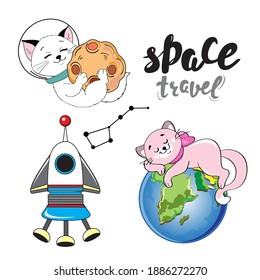 Colección de astronautas gatos y cohetes sobre fondo blanco aislados. Ilustración de dibujos animados