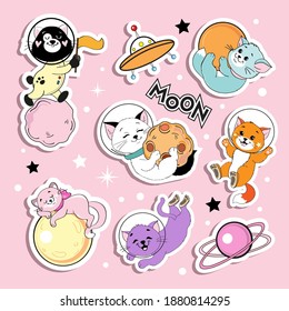 Collection of cats astronauts trendy stickers. Vector cartoon illustration isolated on pink background