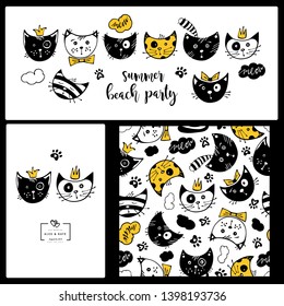 Collection cats. Cute Faces. Seamless pattern