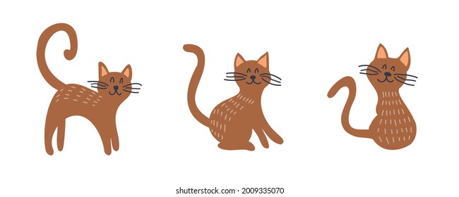 Collection Cats of Different Breeds. Vector isolated cat on white background. Home animal or pets. Fanny kittens faces
