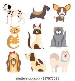 Collection of Cats and Dogs of Different Breeds. Vector Illustration Set