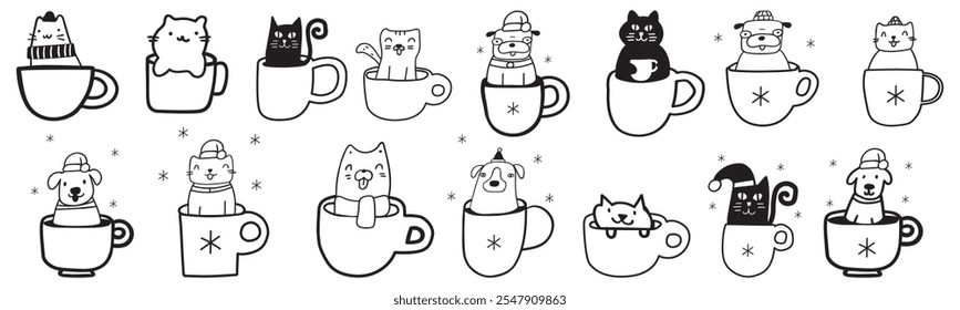 Collection of cats and dogs sitting in a coffee cups. Some of them wearing Santa's hats. Christmas concept. Isolated outline icons. Illustrations on white background.