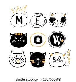 Sammlung von Katzen und die Inschrift miau. Vektorgrafik. Für den Druck auf T-Shirts, Souvenirs, Postkarten.