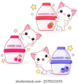 Collection of cats in kawaii style and berry milk, yoghurt, smoothie. Set of cute kittens and yummy berry smoothie in bottle. Can be used for t-shirt print, sticker, greeting card design. Vector EPS8