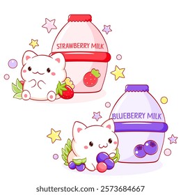 Collection of cats in kawaii style and berry milk, yoghurt, smoothie. Set of cute kittens and yummy berry smoothie in bottle. Can be used for t-shirt print, sticker, greeting card design. Vector EPS8