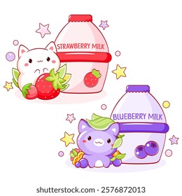 Collection of cats in kawaii style and berry milk, yoghurt, smoothie. Set of cute kittens and yummy berry smoothie in bottle. Can be used for t-shirt print, sticker, greeting card design. Vector EPS8