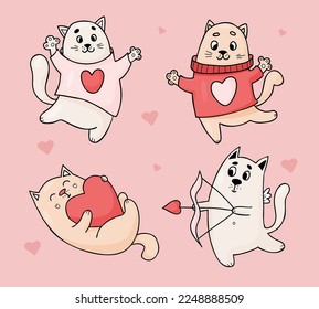 Collection cats in love. Cute cupid kitten with arrow and happy pets with heart. Vector illustration. isolated romantic animals for design, decor, printing, cards, valentines