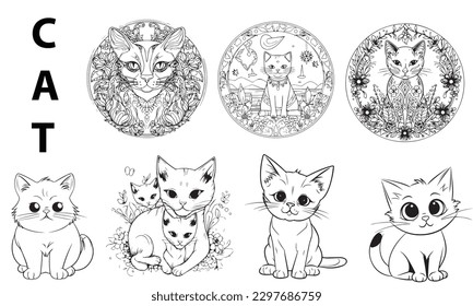 A collection of cats and moon drawings. Silhouetted coloring page cat vector.