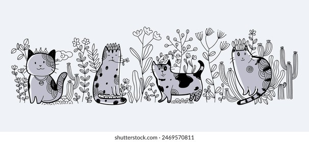 Collection of cats  on branch floral outline style hand drawn vector illustration set. Icon and character pet animal.