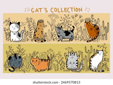 Collection of cats  on branch floral outline style hand drawn vector illustration set. Icon and character pet animal.