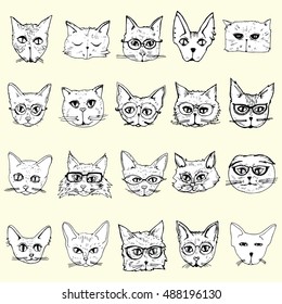 Collection of cats. Portraits of cats. Stylized cats head. Set. Line art. Black and white drawing by hand. Doodle. Tattoo. Graphic arts.
