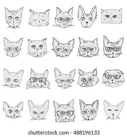 Collection of cats. Portraits of cats. Stylized cats head. Set. Line art. Black and white drawing by hand. Doodle. Tattoo. Graphic arts.