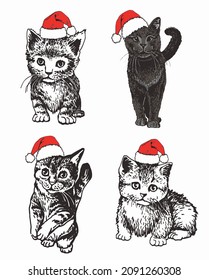 Collection of cats in red hats of Santa Claus , Christmas time element for cards,design and printing