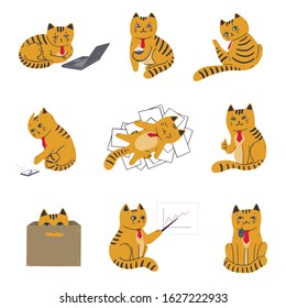 Collection of cats in a red tie in the office. A cat behind a laptop, among documents, with coffee, in a box, at a meeting. Vector illustration in simple cartoon style