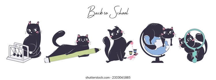 Collection of cats with school items in flat style. The concept of animals returning to school. Vector illustration of student life.