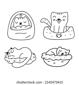 Collection of cats sleeping in cat's beds. Vector outline illustrations on white background.