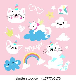 Collection with cats unicorns and clouds on a pink background for children