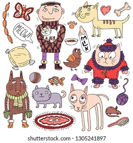 Collection of cats. Vector illustration with cats, kittens, man. The owner of the kitten. Cat accessories. Doodles, hand-drawn, cartoon. Children's drawing.