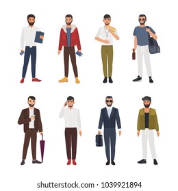 Collection of caucasian bearded men dressed in casual and formal clothes and standing in various poses. Male cartoon characters isolated on white background. Colored vector illustration in flat style.