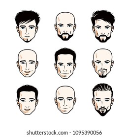 Collection of Caucasian men faces expressing different emotions, vector human head illustrations.