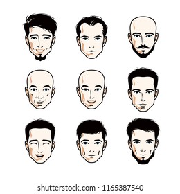 Collection of Caucasian men faces expressing different emotions, vector human head illustrations.