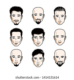 Collection of Caucasian men faces expressing different emotions, vector human head illustrations.