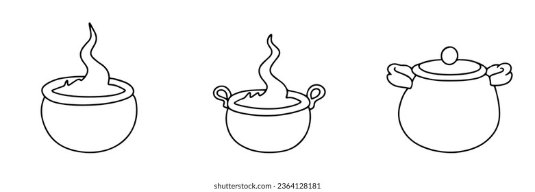 Collection of cauldrons in doodle style isolated on white background. Set of Halloween decor in outline. Vector illustration. 