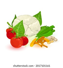 Collection of cauliflower, cherry tomatoes, chanterelles mushroom, spring onion and ginger. Vector vegan food, dietary, raw and fresh organic ingredients design. Isolated on white background