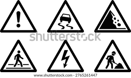 Collection of caution symbols including a slippery road, falling rocks, pedestrian crossing, electrical hazard, and road work