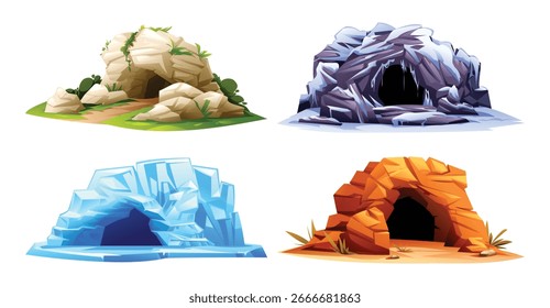 Collection of caves in various climates including rocky terrain, icy winter, and desert. Vector cartoon illustration
