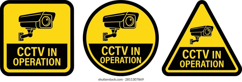 Collection of CCTV in Operation warning signs featuring square, round, and triangular designs with surveillance camera icons. Ideal for security systems, surveillance notices, commercial buildings, offices, warehouses, public facilities, and safety signage.