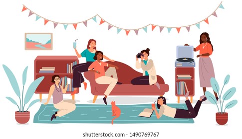 Collection of celebrating girls. Girls night or birthday party. Spending time together listening to music, taking pictures, drinking, browsing magazines. The red cat is watching. Vector illustration.