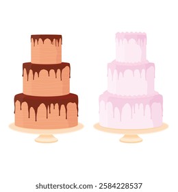 Collection of celebration birthday cakes on a stand. Pink and chocolate cake on a stand isolated on white background. Vector