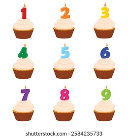 Collection of celebration cupcakes. Anniversary cake with number candles from one to nine. Vector